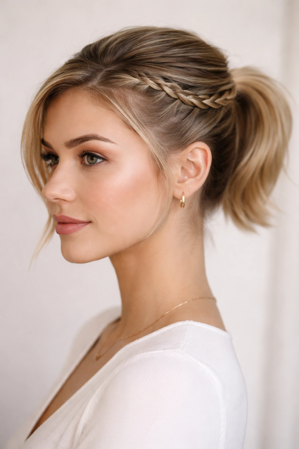 Front/3/4 view of a short-haired person with a braided base ponytail