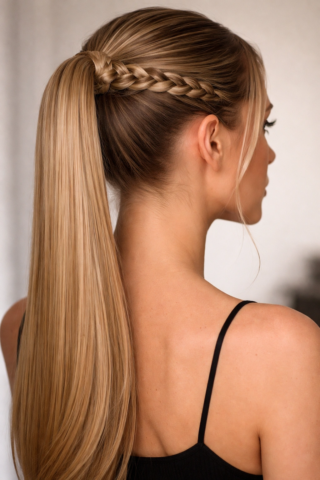 Braided base with sleek ponytail on straight hair