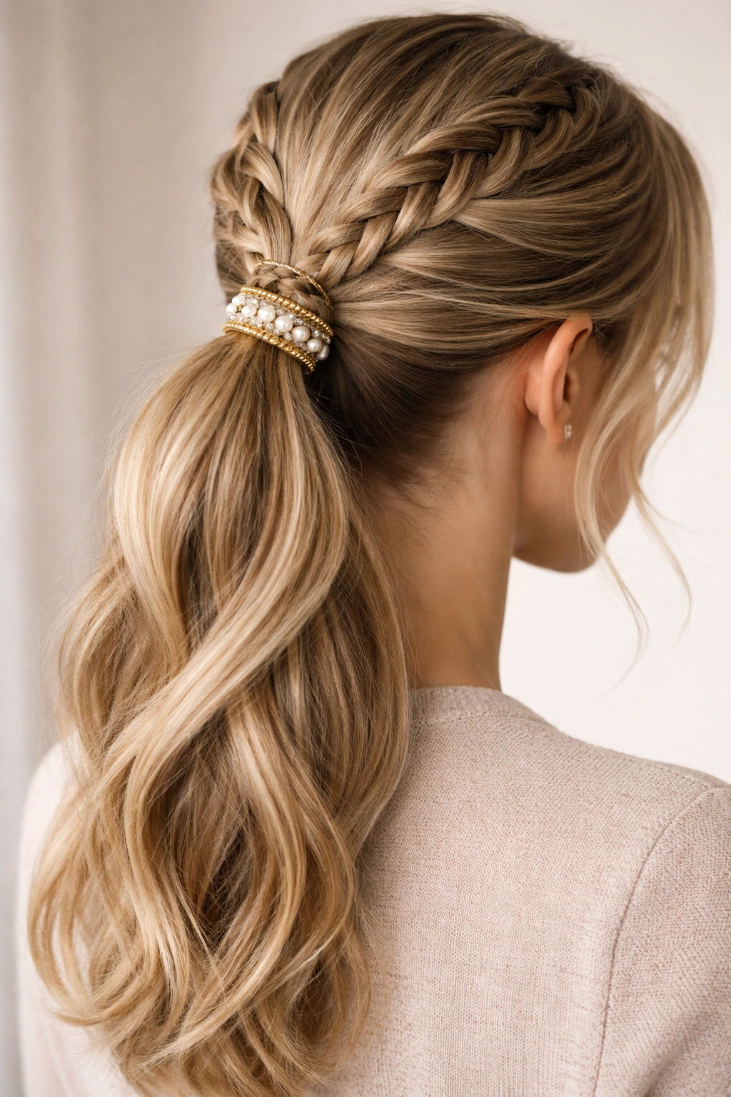 Ponytail with braided base wrap and decorative accessory around elastic