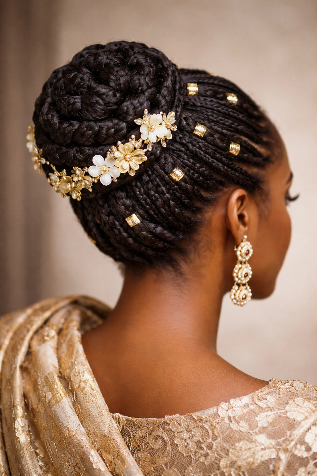 Polished braided bun with metallic cuffs and flowers for events