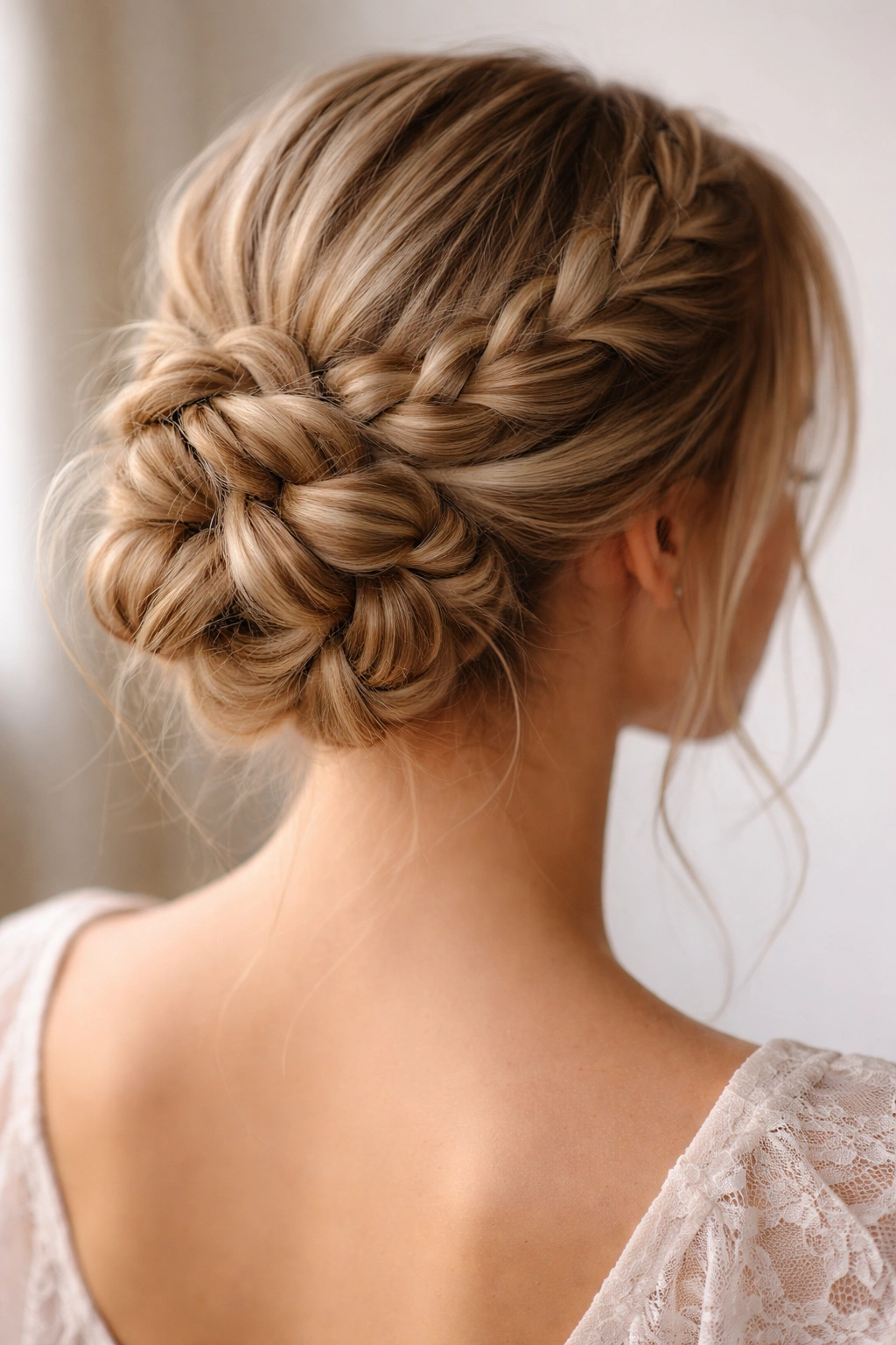 Close-up of a braided bun hairstyle on straight hair