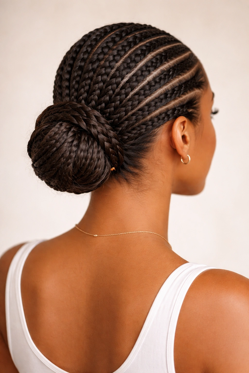 Back view of cornrows gathered into a neat bun at the nape