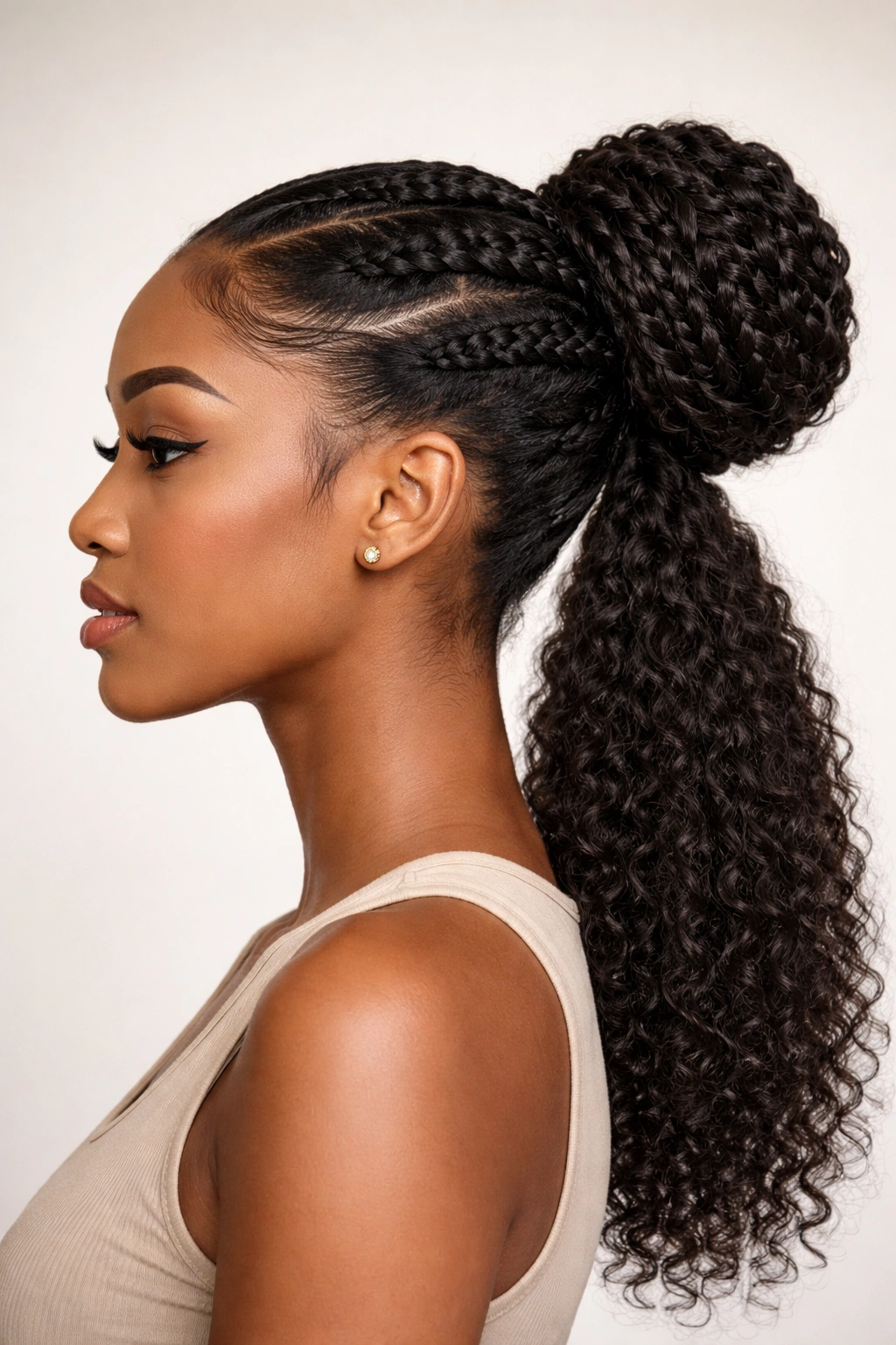 Portrait of braided bun crochet ponytail showing a neat bun at the base