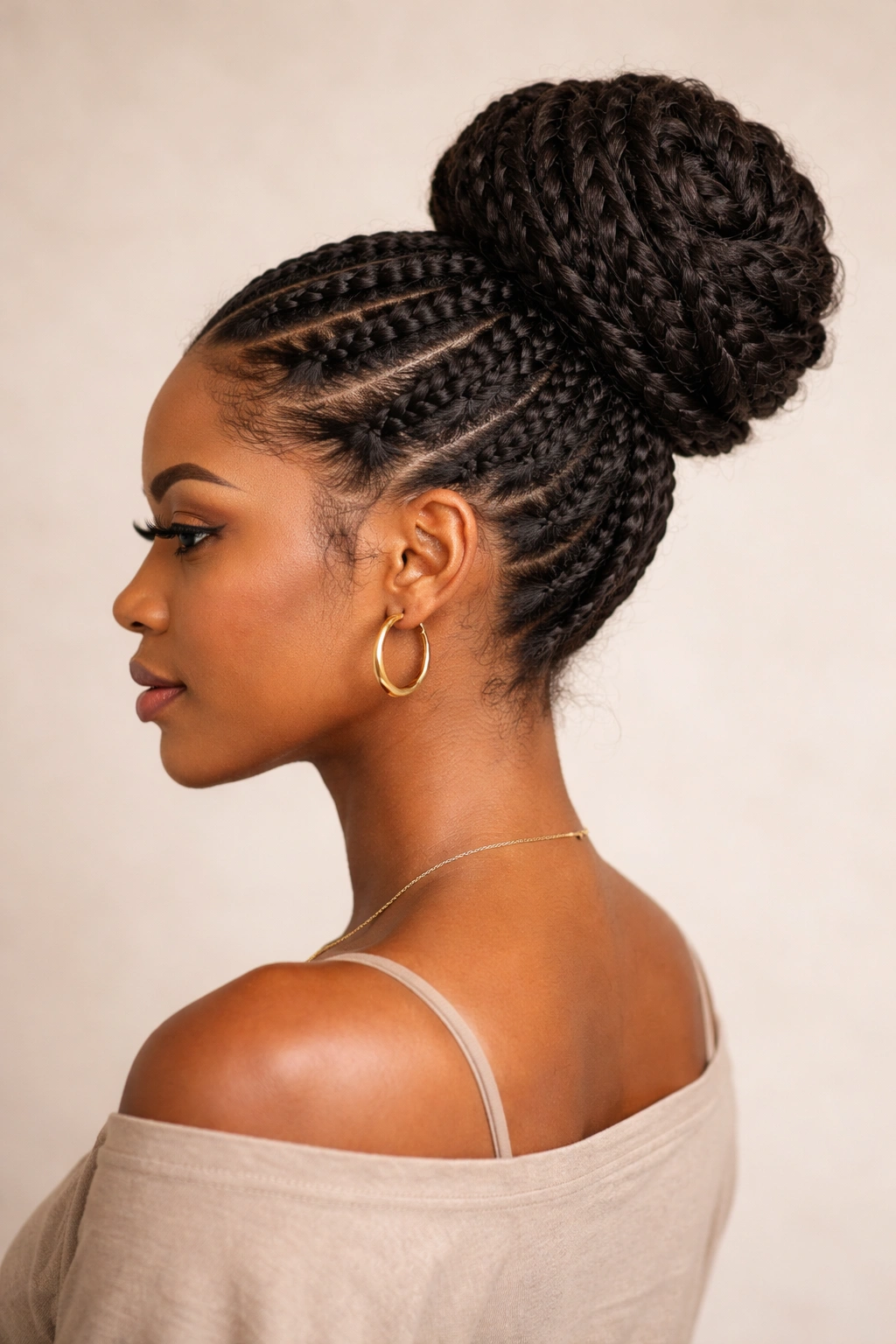 Braided bun with extensions showing thick, voluminous bun