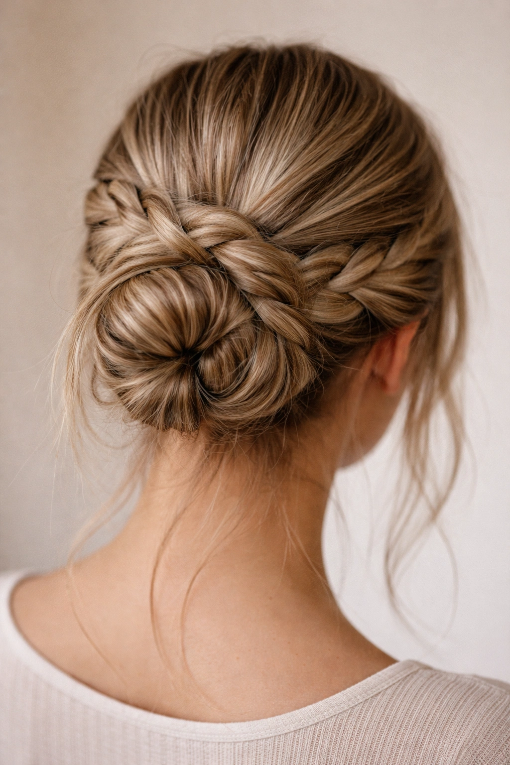 Back view of a braided bun formed from loose braids around the base