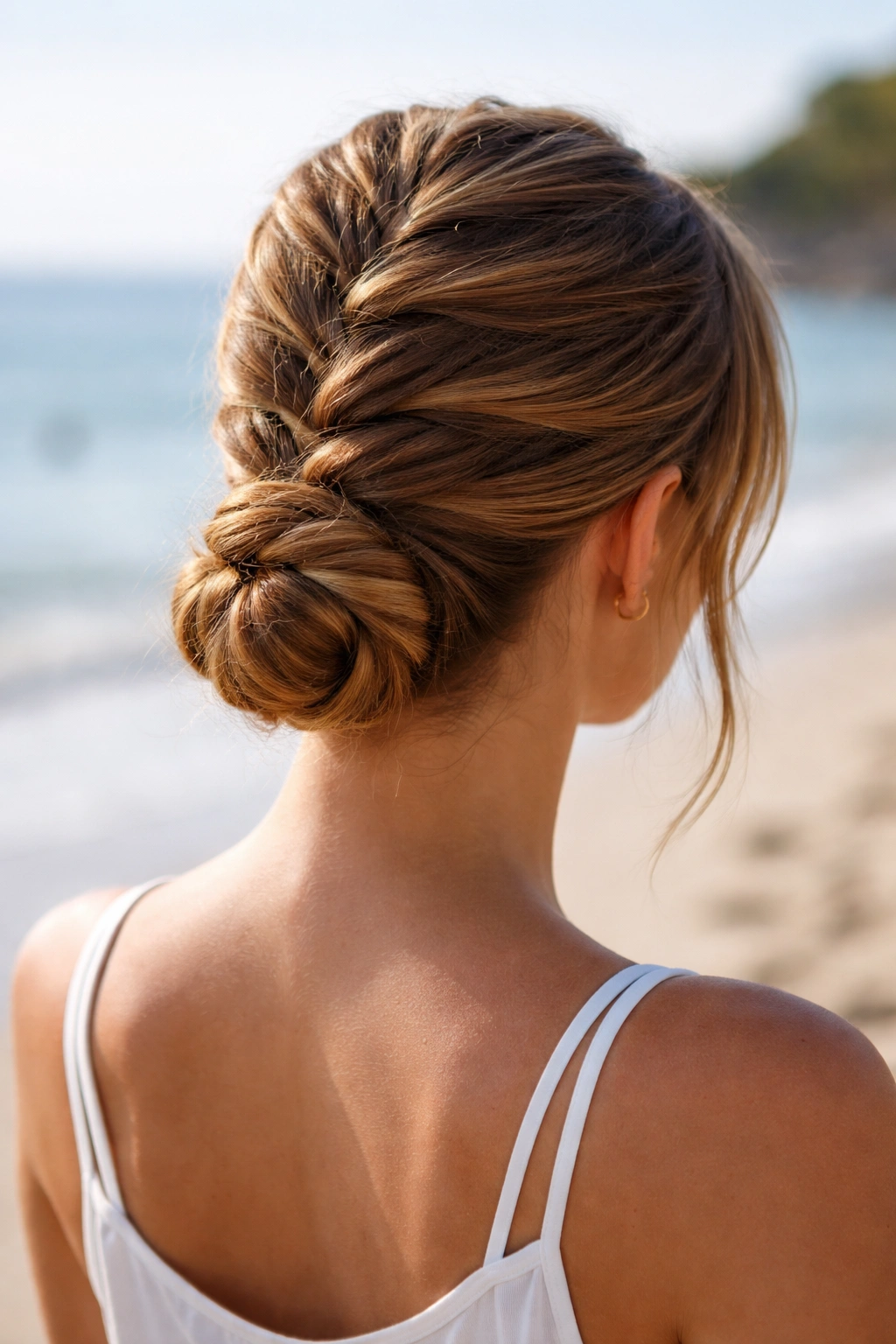 Back view of head with a braided bun formed from a French base