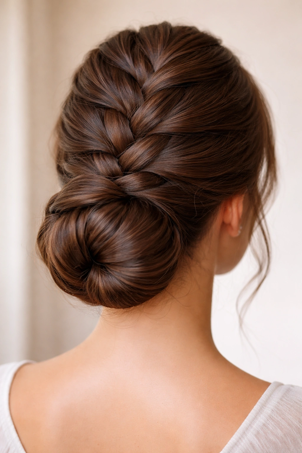 Back view of thick hair with a braided base forming a neat bun