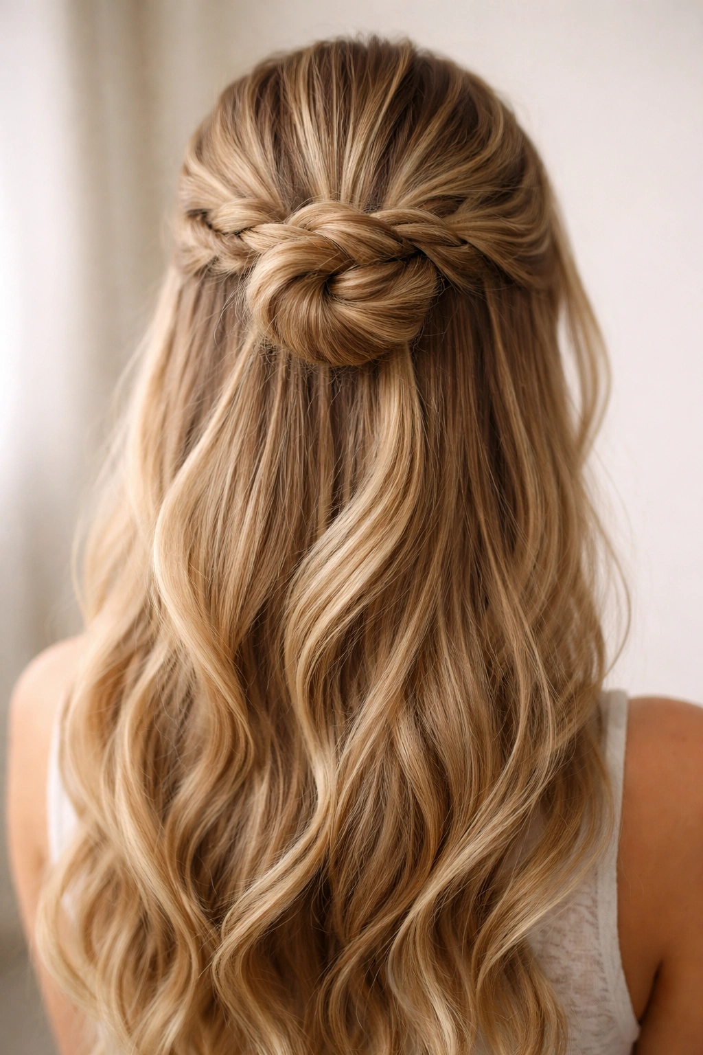 Braided half-up bun hairstyle viewed from the front at crown level