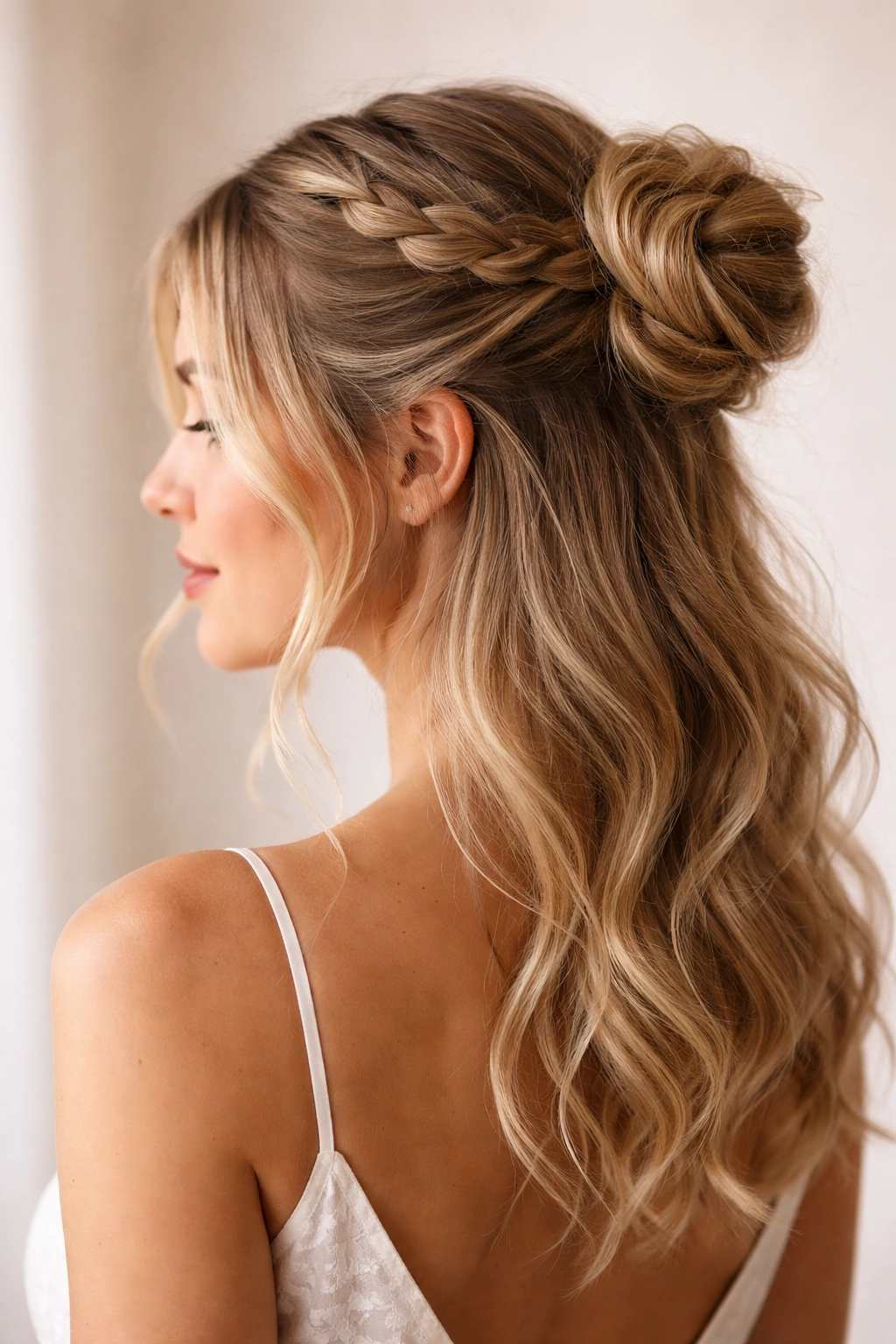 Close-up of Braided Half-Up Bun with Face-Framing Pieces showing braid into bun with face-framing strands