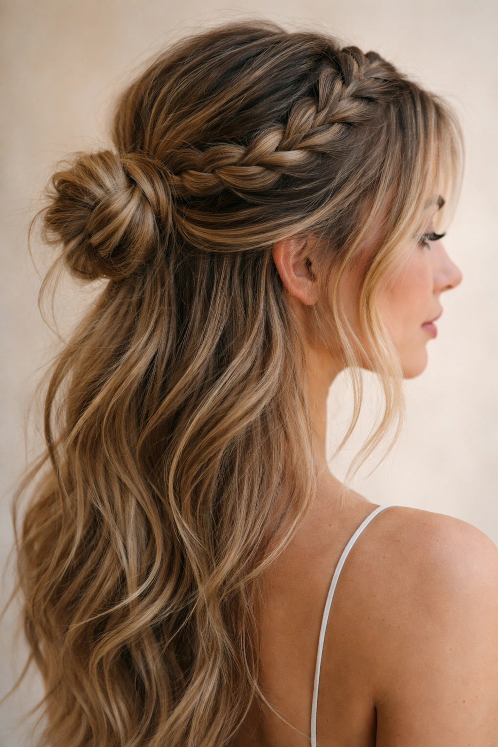 Close-up of a loose front braid transitioning into an undone bun at the back, with wisps for texture