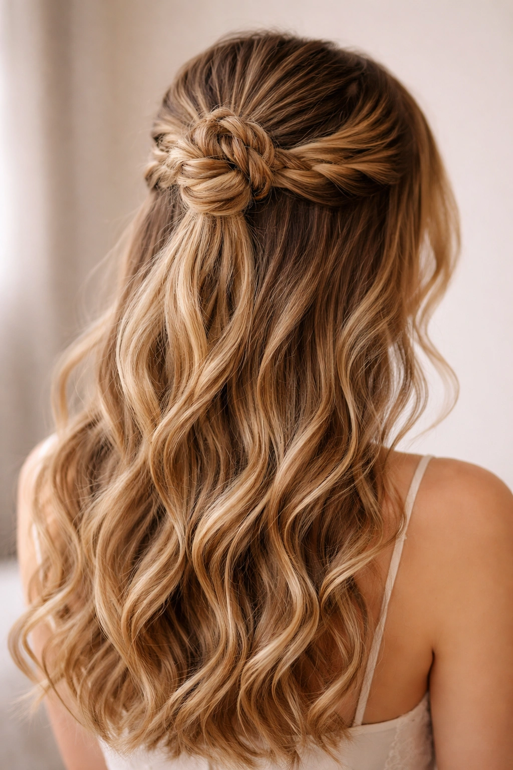Braided crown with small bun and flowing waves