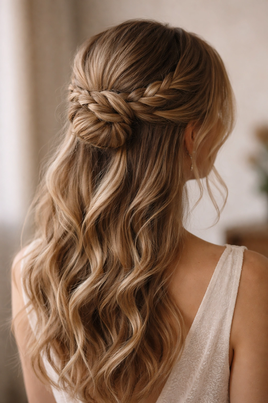 Close-up of braided bun half up showing a small back bun with intricate braids.