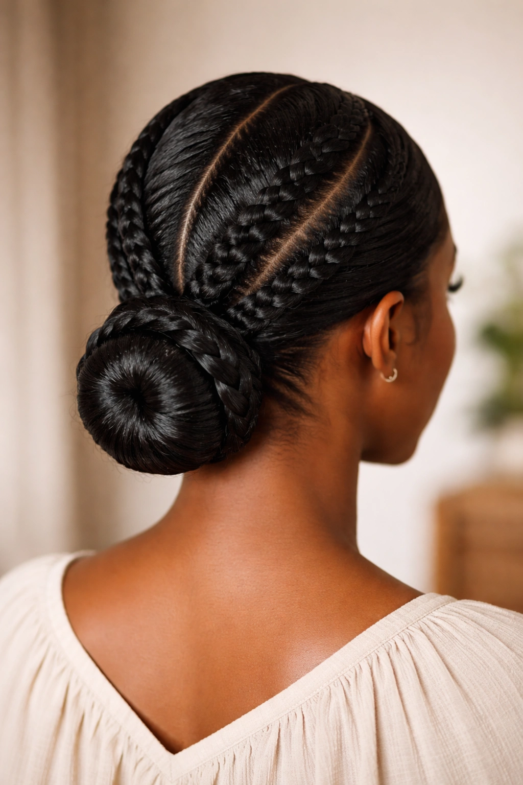 Braided low bun with defined pattern showing visible braid lines