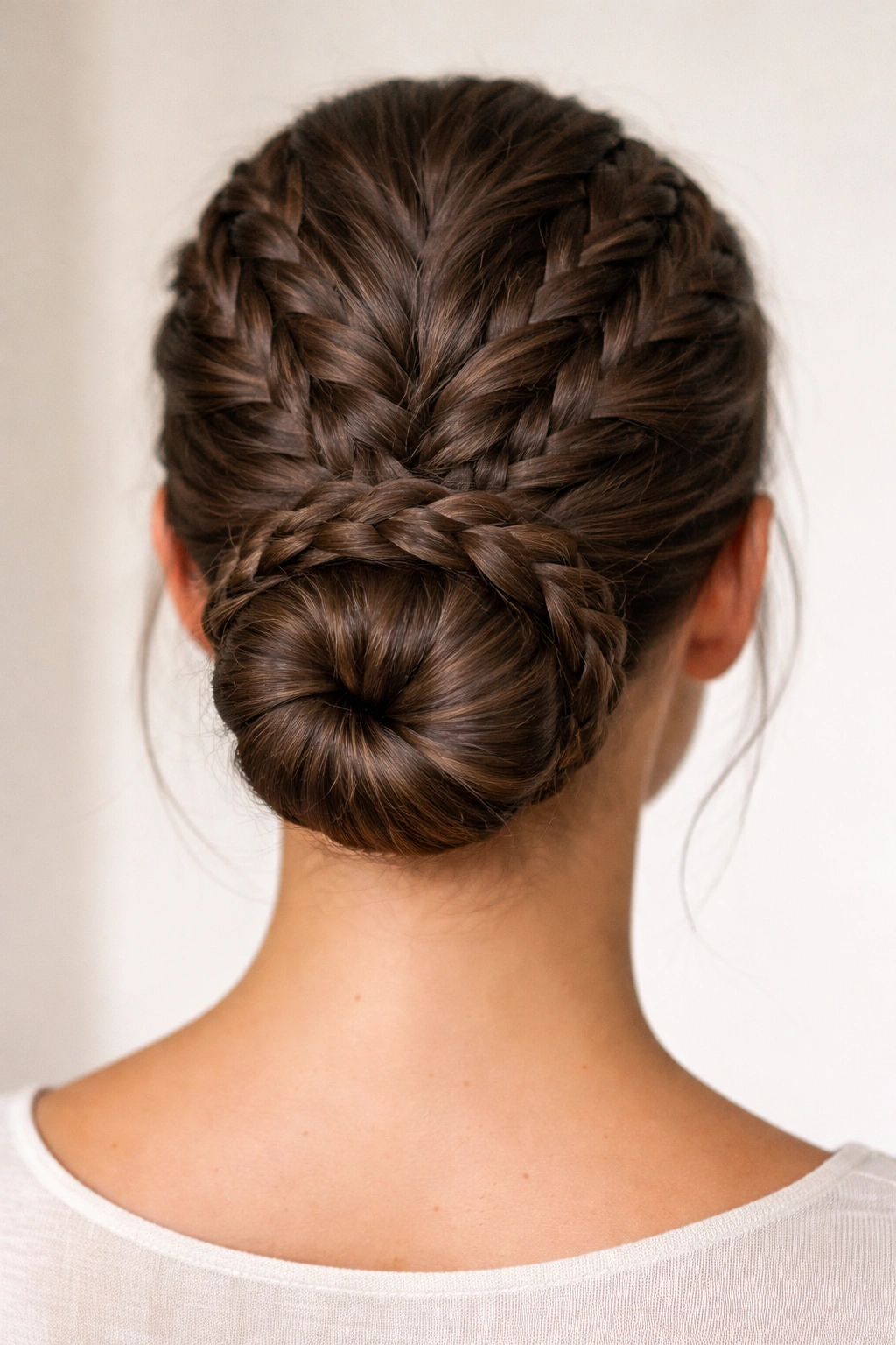 Braided bun formed from French braids at the base of the skull