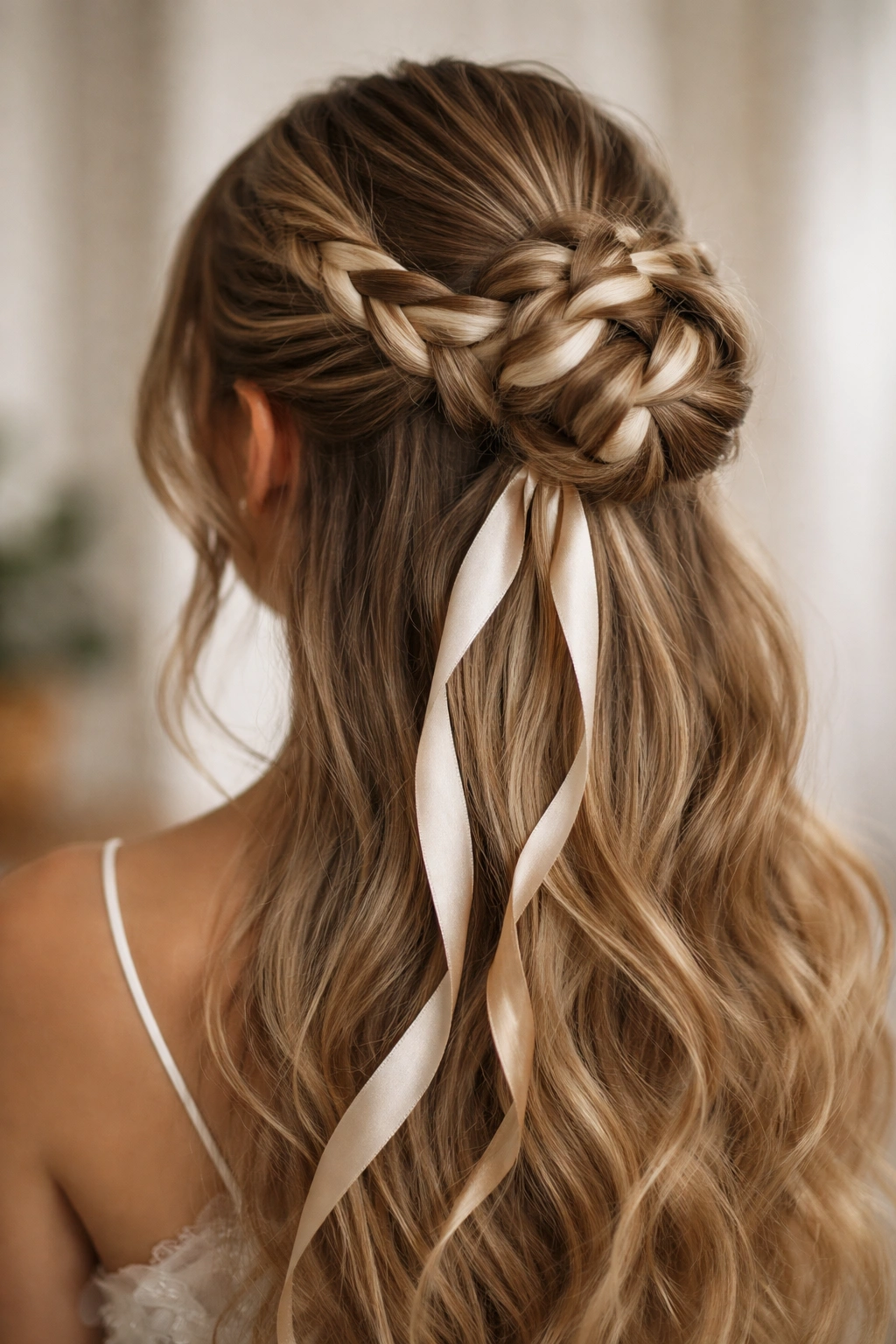 Close-up of braided bun with ribbon woven through