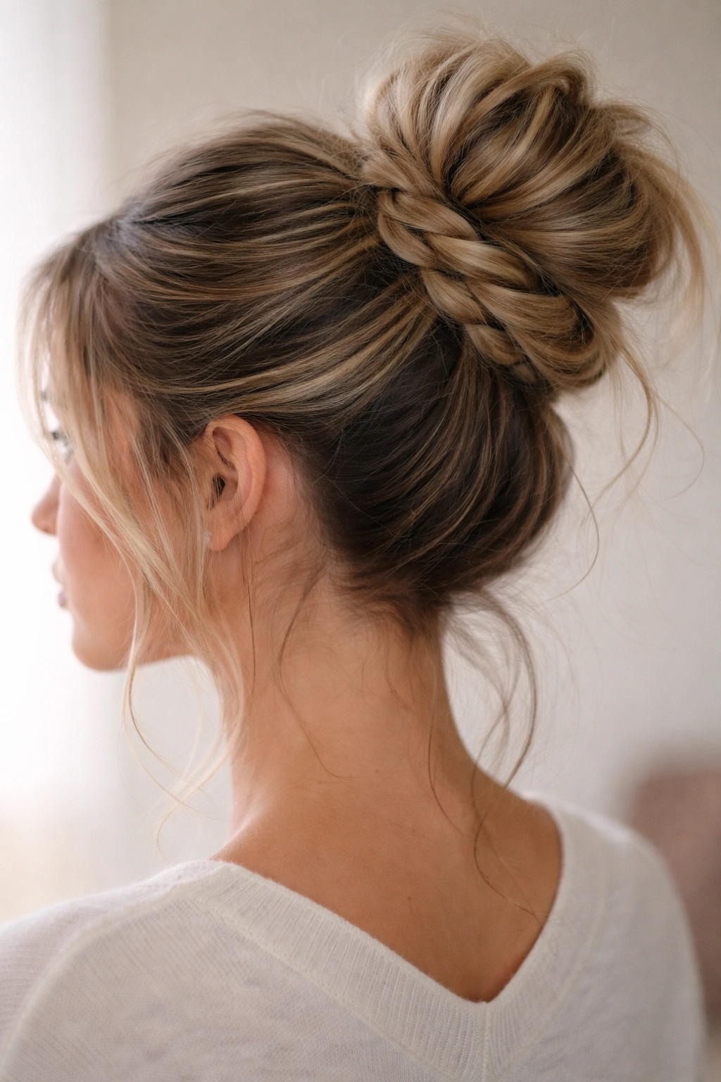 Back view of a high ponytail with a loose three-strand braid wrapped around the bun showing textured wrap.