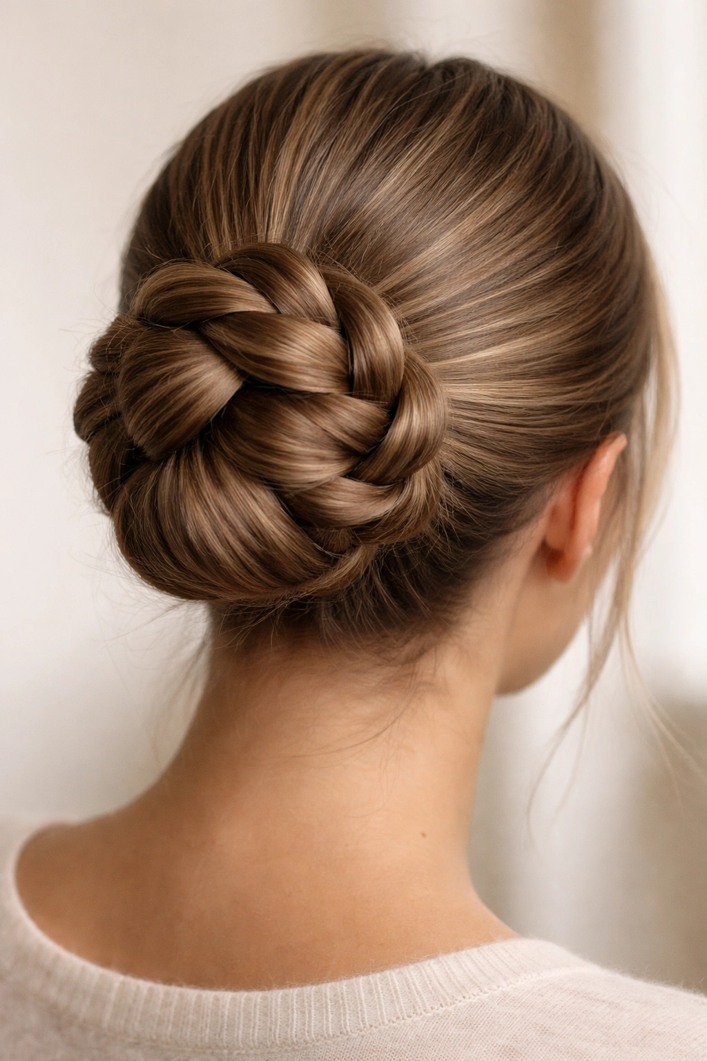 Close-up of a braided bun with tight interwoven strands