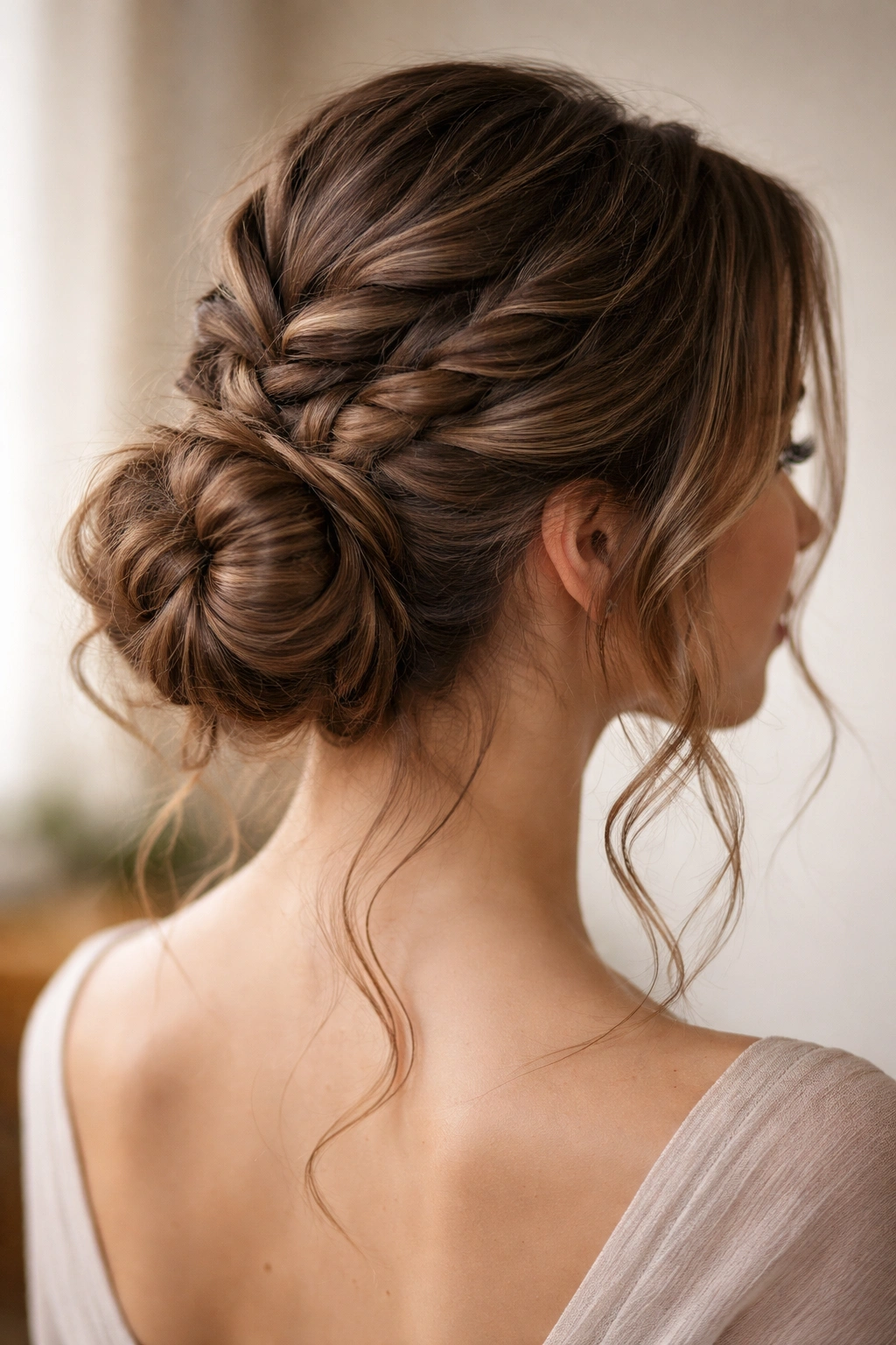 Braided bun formed from a crown braid with loose waves around the face