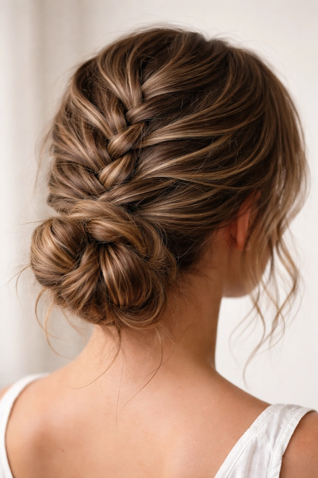 Braided bun at the nape of the neck with visible waves