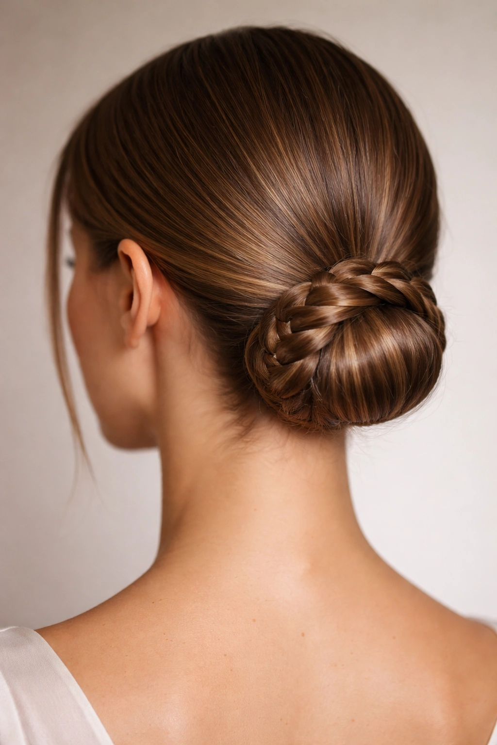 Close-up of a tight braided low chignon at the nape of the neck on straight hair