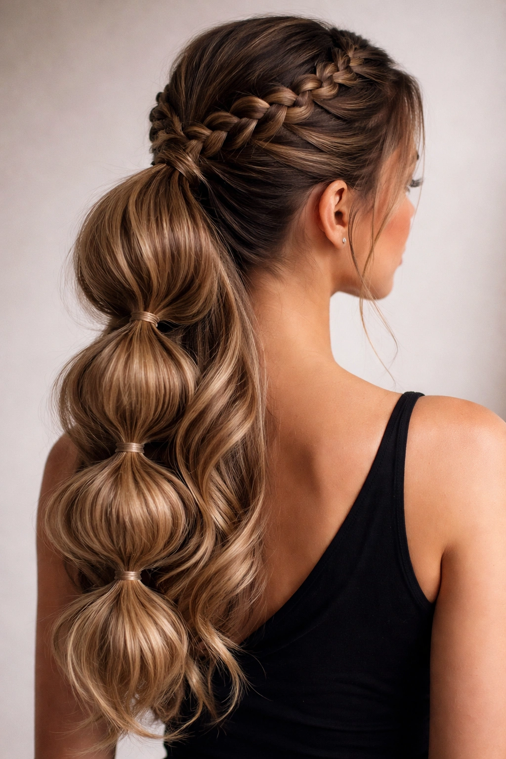 Back view of a bubble weave ponytail with a braided crown framing the head