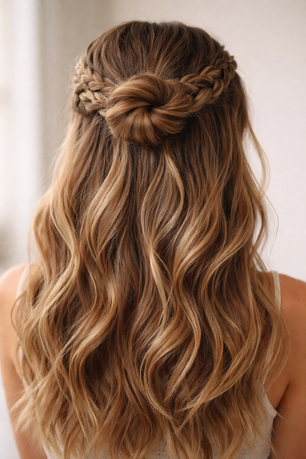 Two symmetrical braids framing the head meeting into a bun at the back