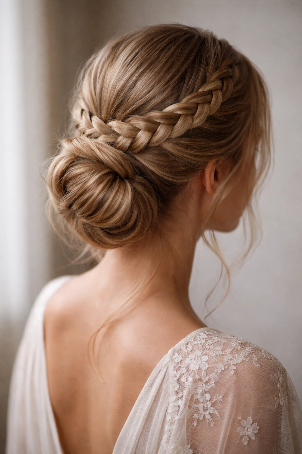 Three-quarter view of a braided crown bun emphasizing crown braid texture