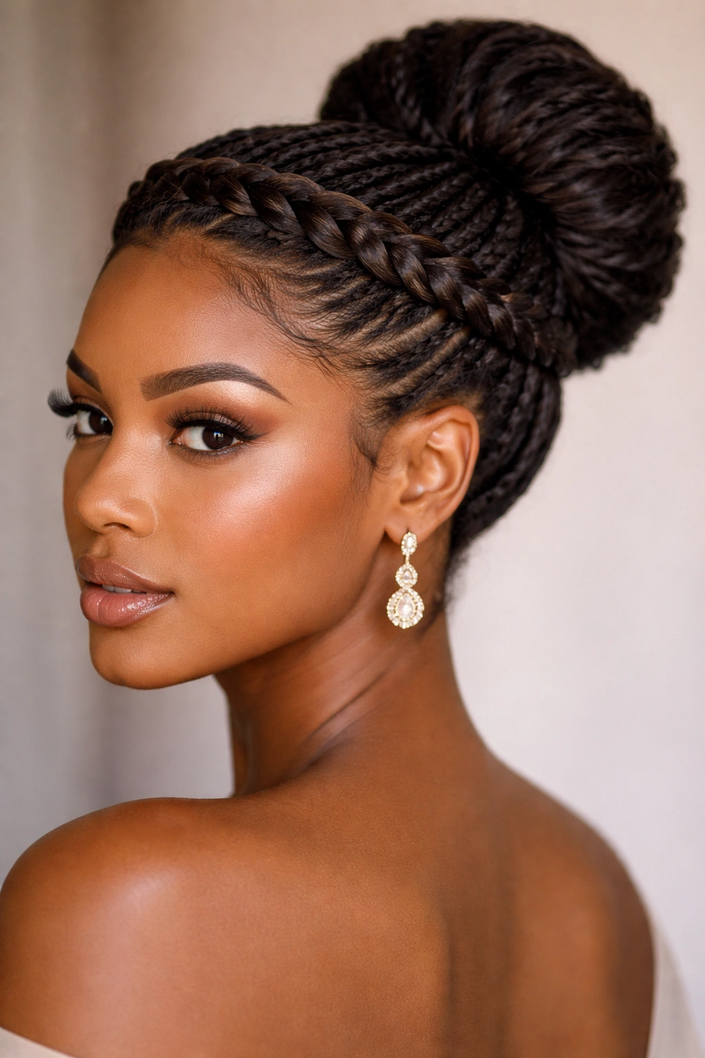 Close-up portrait of a head with a thick braided crown and a high center bun