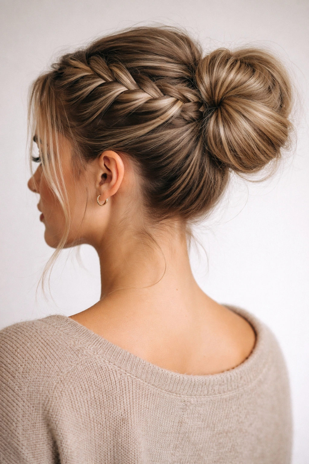 Crown braid wrapping into a back bun for an elegant look