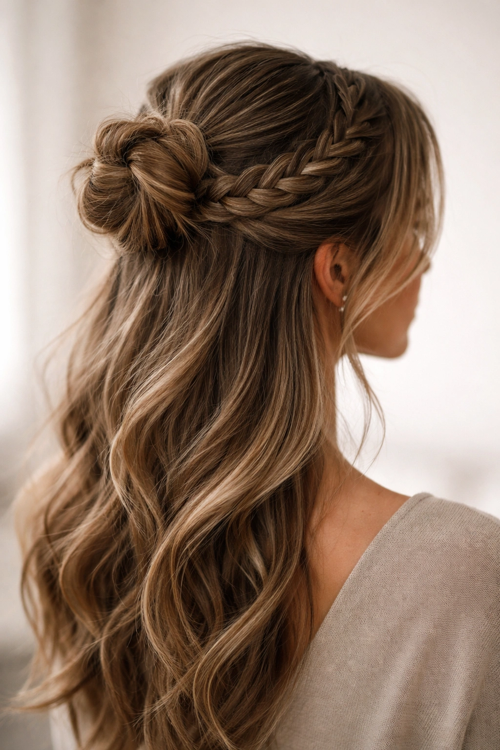 Close-up of a braided crown half-up bun with a crown-like braid framing the head