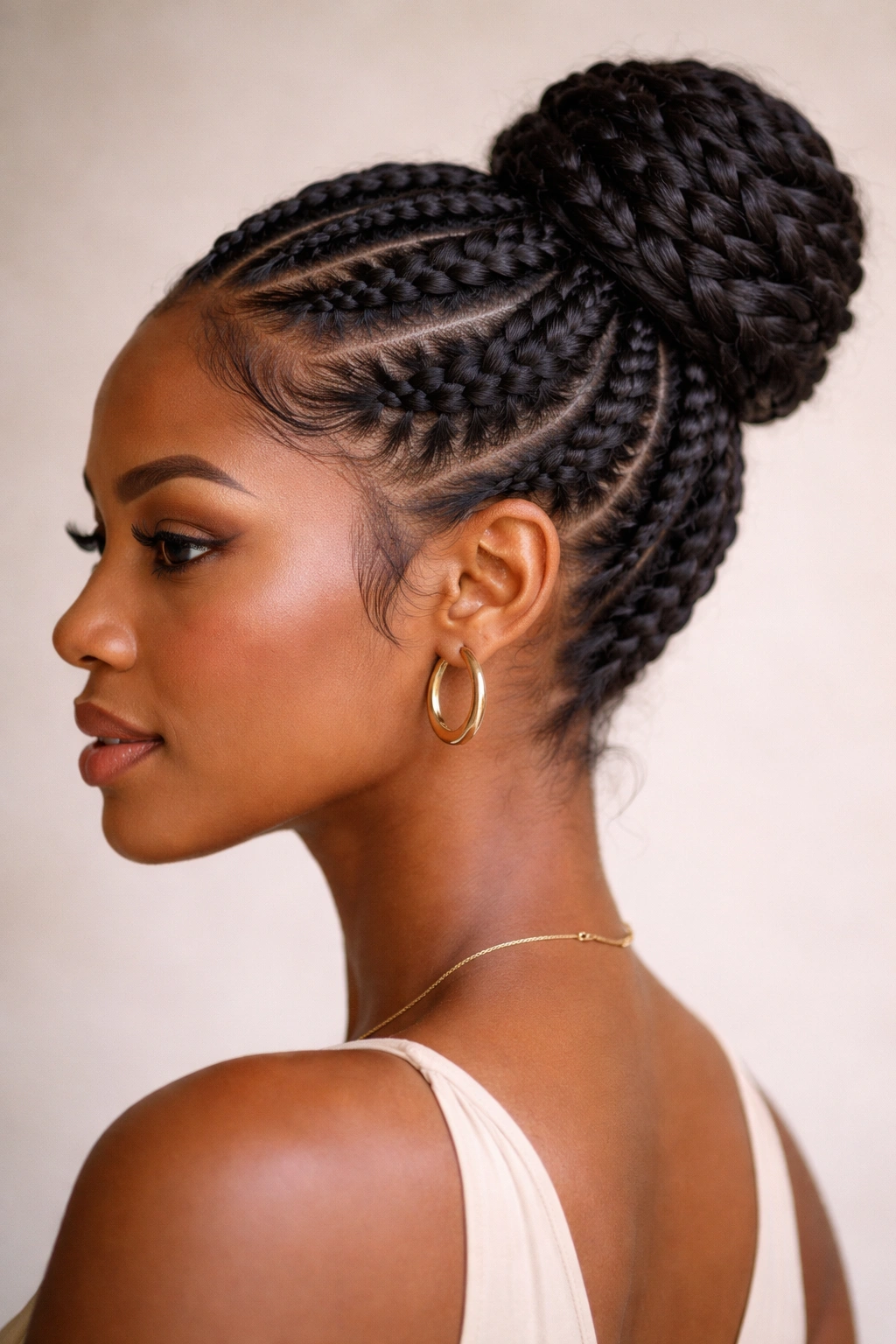 Close-up of a Black woman with a braided crown bun around the head