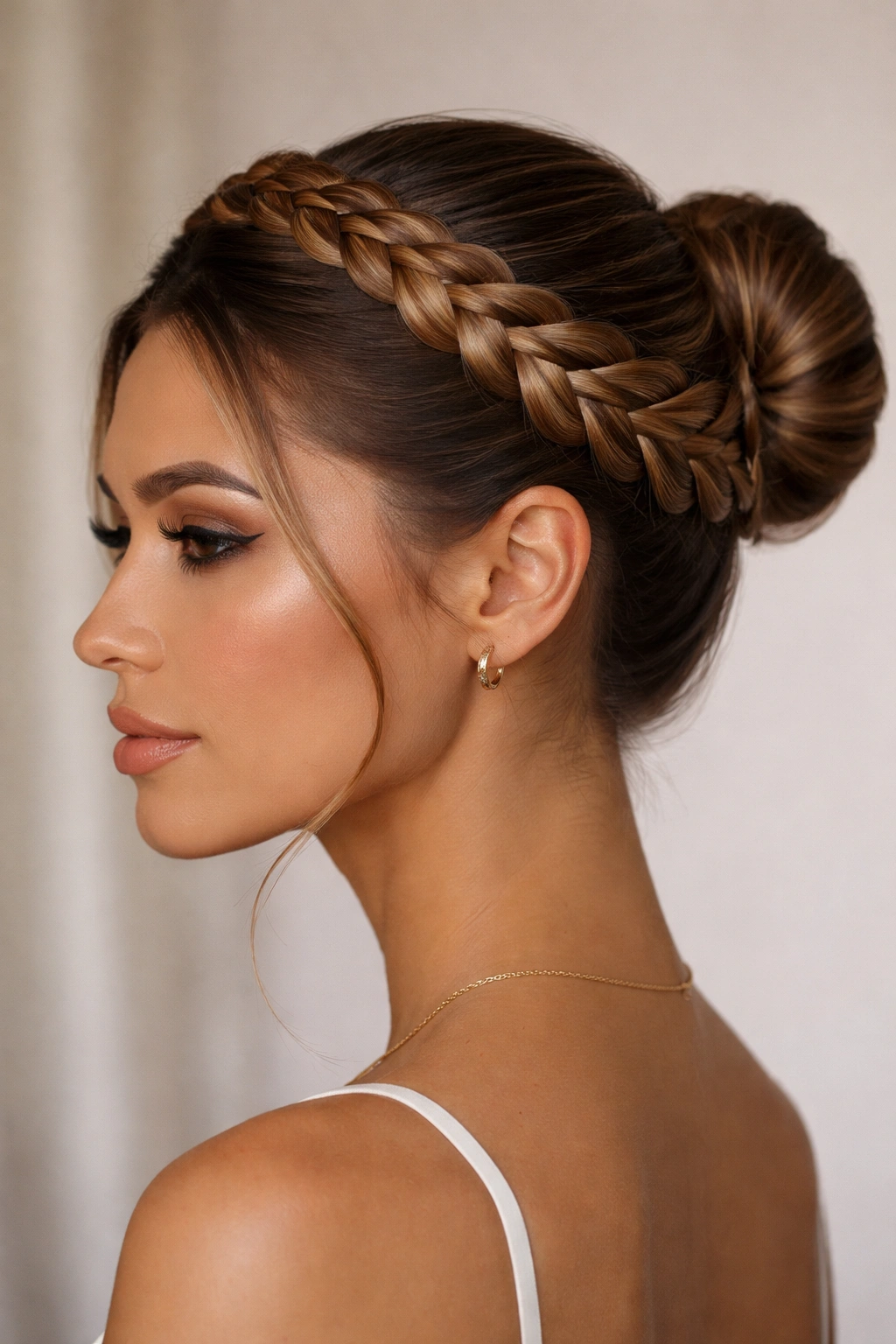 Braided crown around head leading to a neat bun