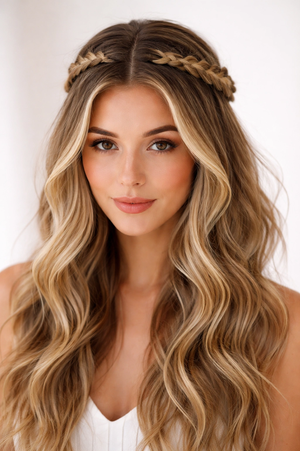 Braided crown with center part and loose underneath waves