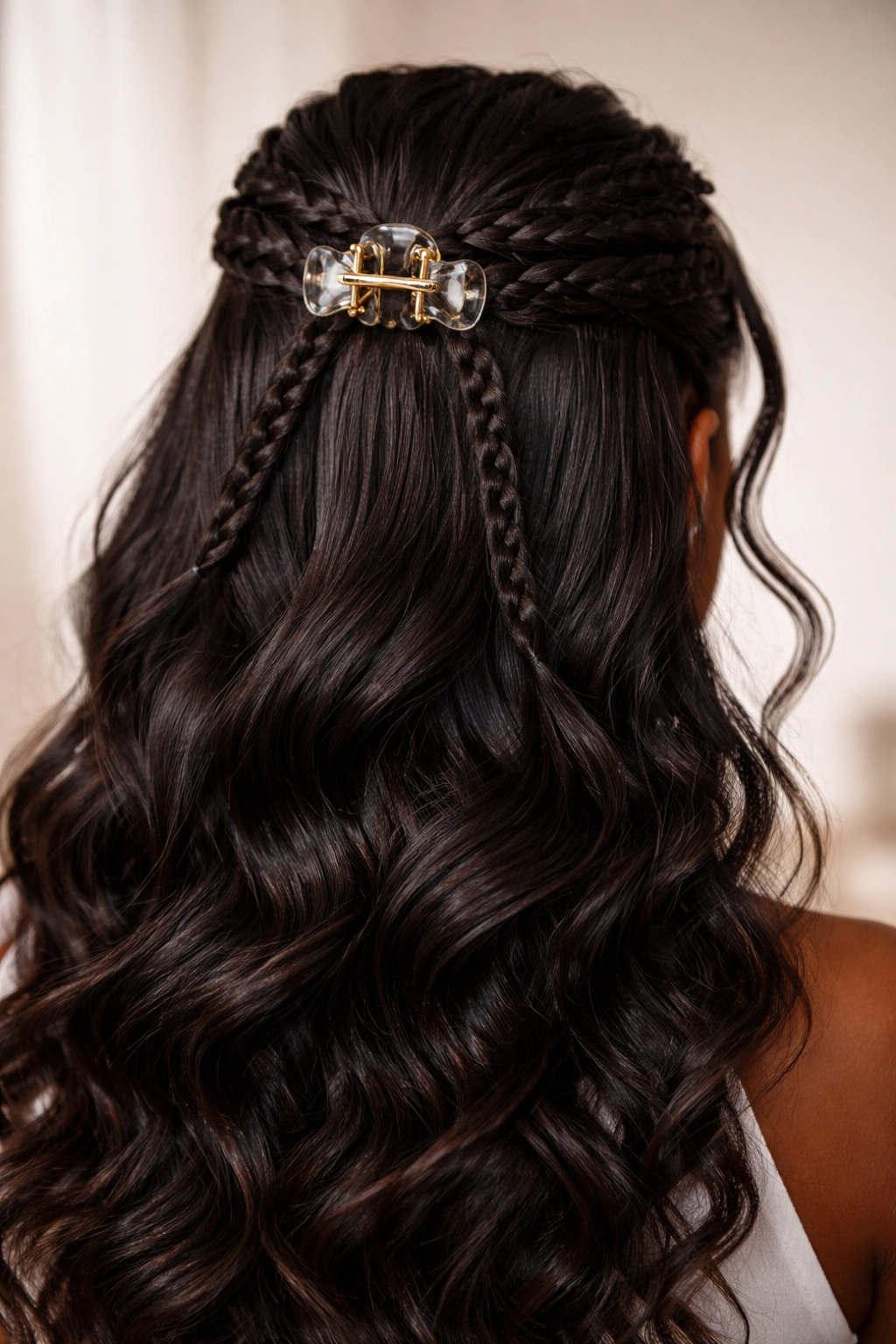 Two thin braids framing the face meeting at the crown with a claw clip