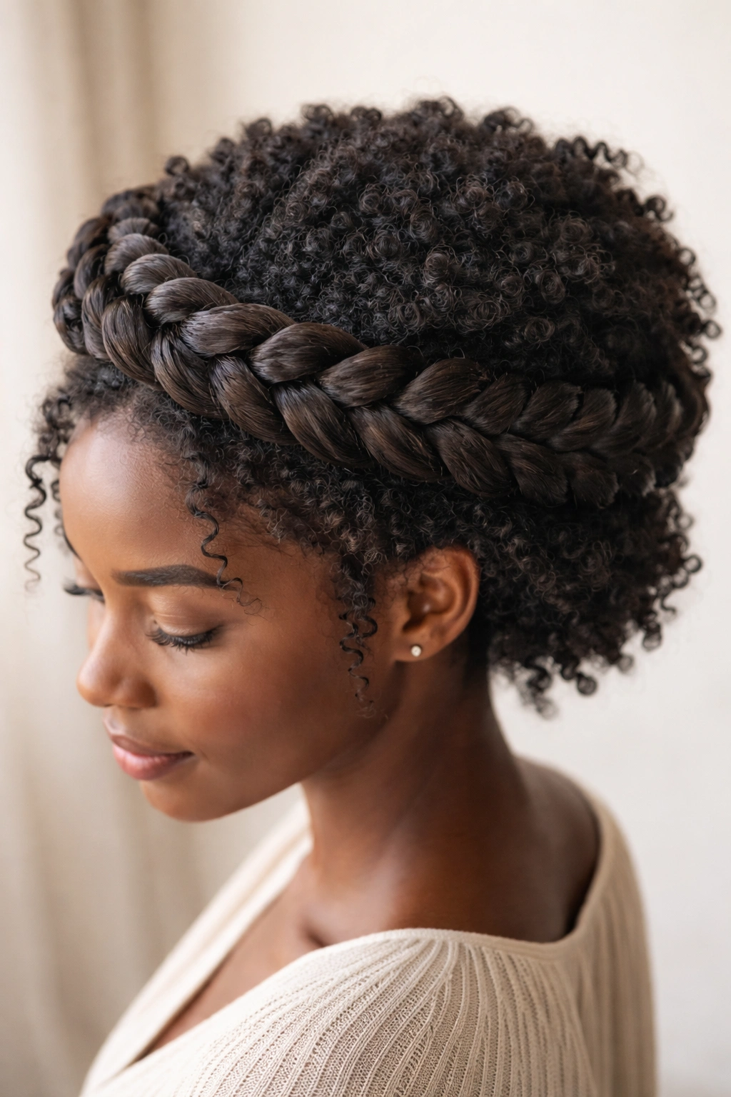 Braided crown on coily hair with visible coil texture