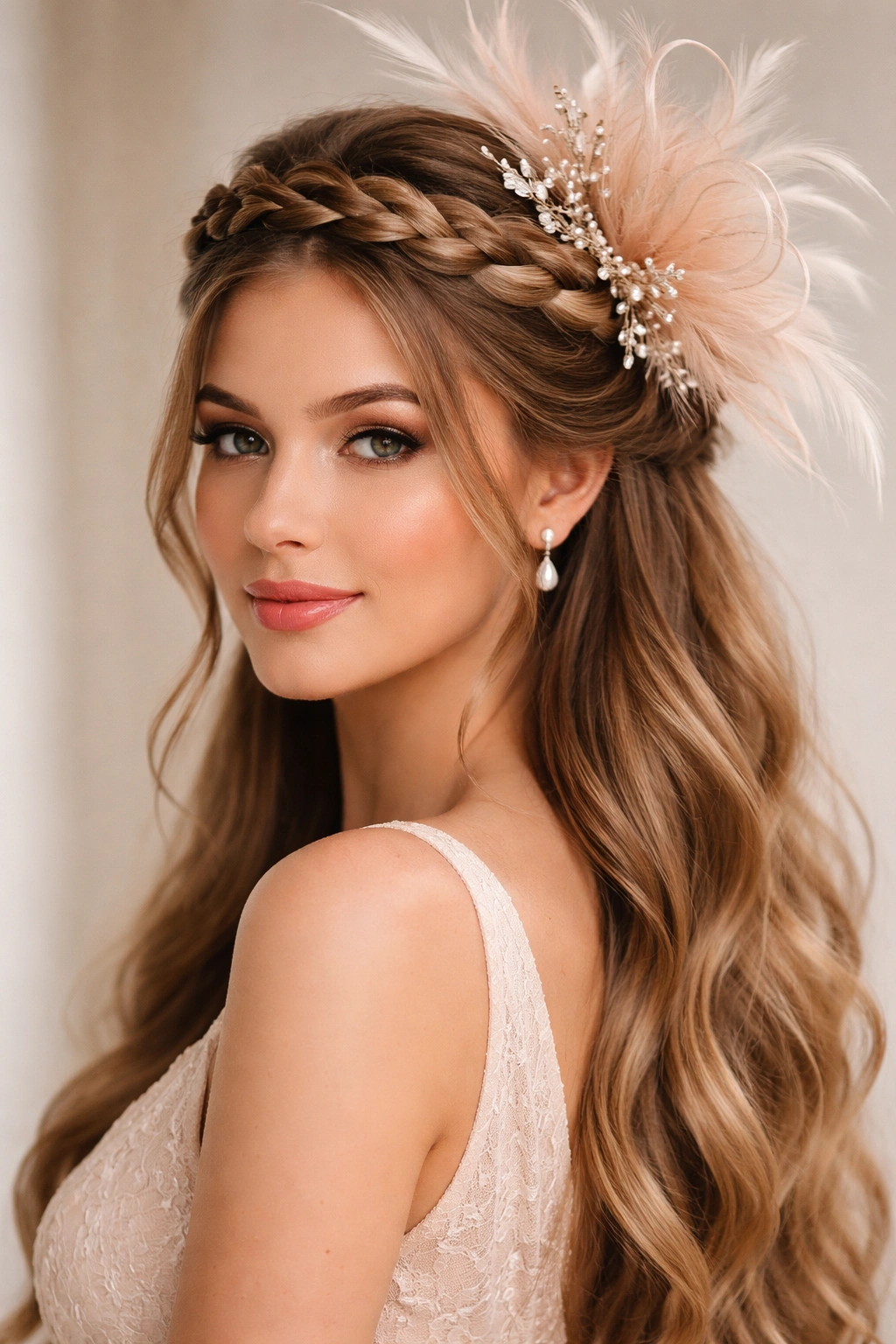 Braided crown half-up hairstyle with a large statement fascinator integrated into the braid