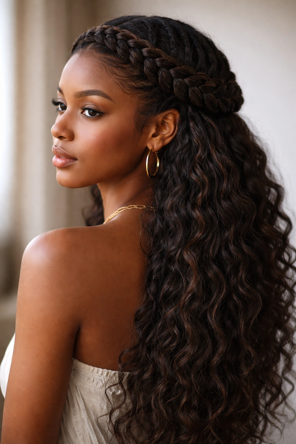Portrait of braided crown with flowing back hair in Fulani style