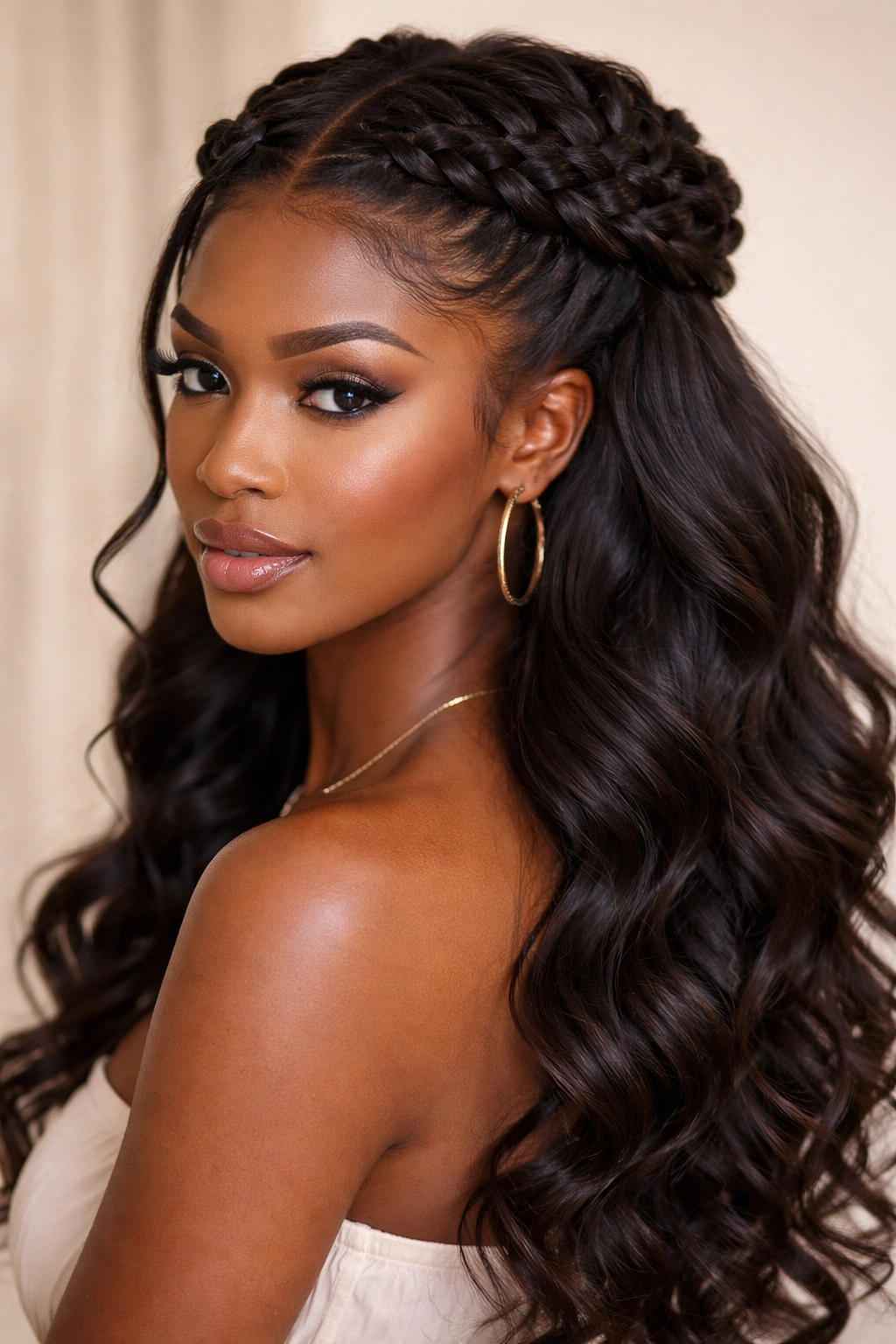 Portrait of a Black woman with a voluminous braided crown half up hairstyle
