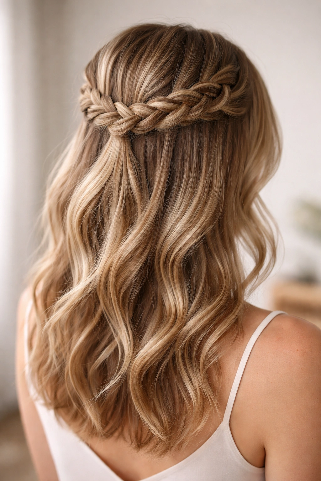 Crown braid atop head with hair down behind