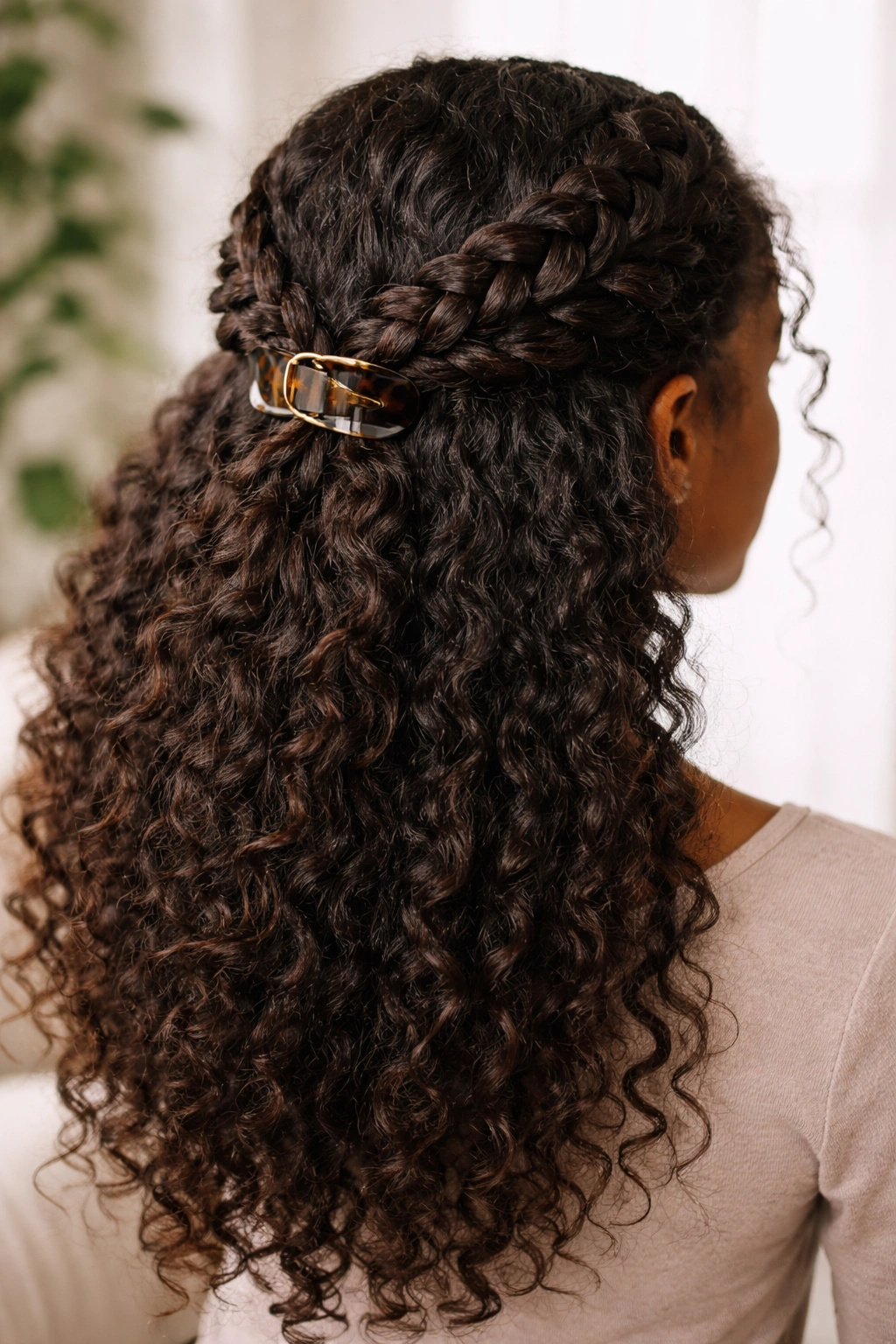 Braided crown hairstyle with sculptural braids meeting at back.