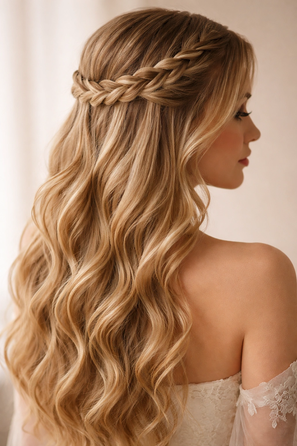 Close-up of a braided crown with half-down hairstyle, princess-inspired elegance.