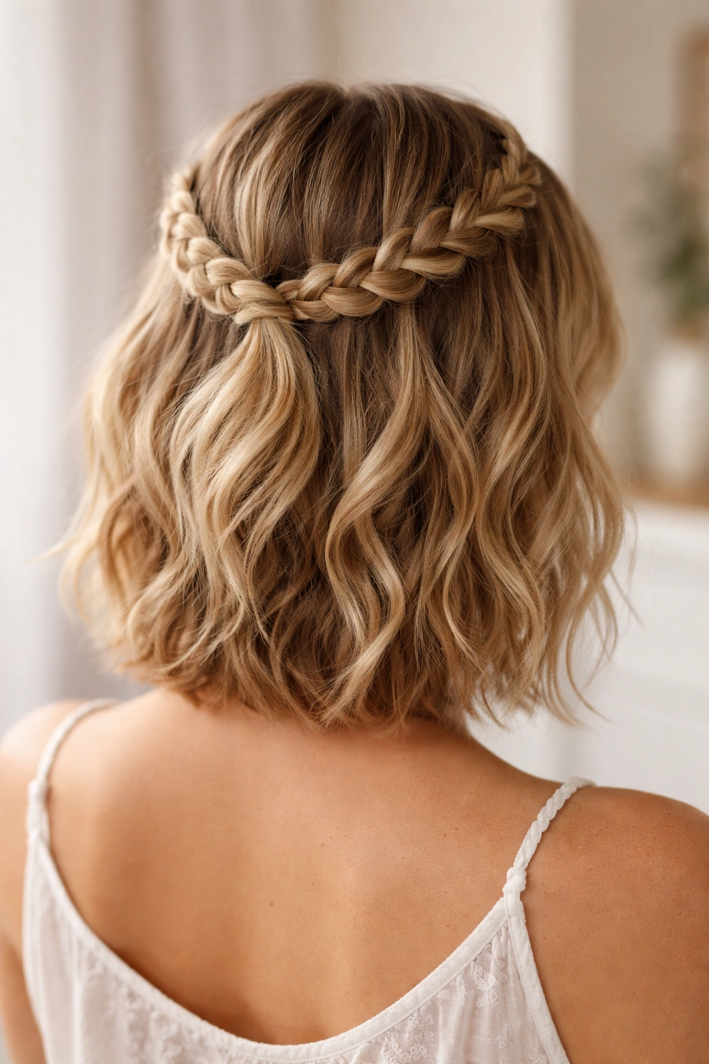 Crown braid around head with half-up secured, short waves