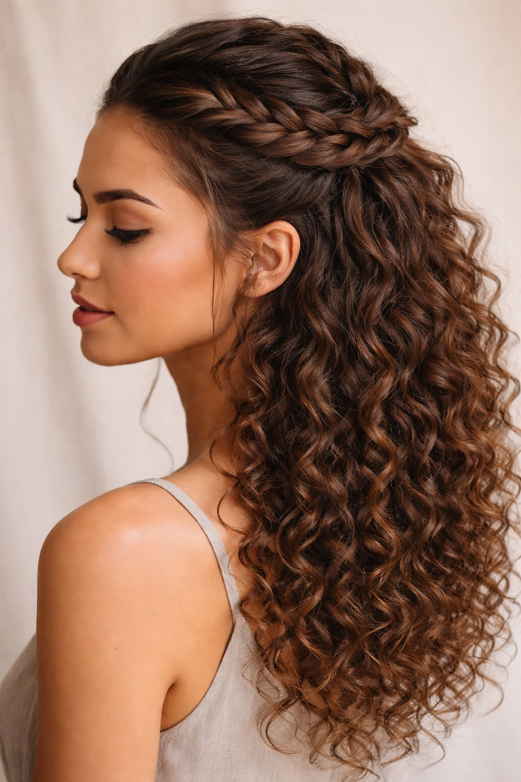 Braided crown half up hairstyle on curly hair with crown braid and loose curls.
