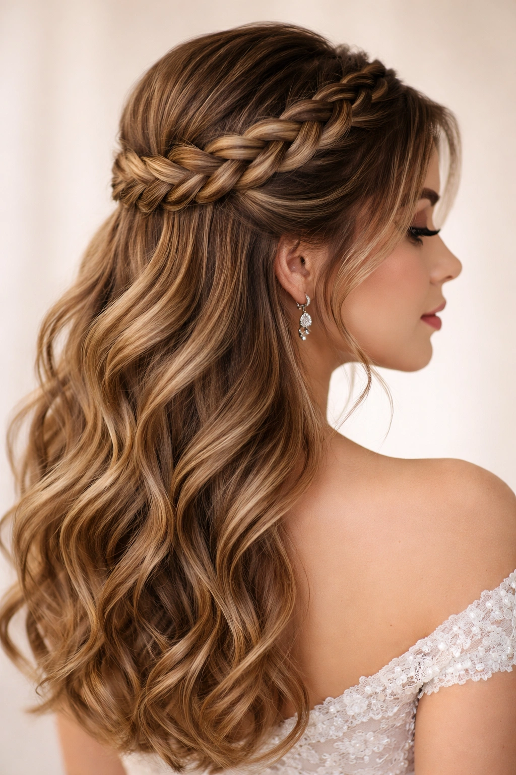 Close-up of a crown braid encircling the back of the head with loose waves