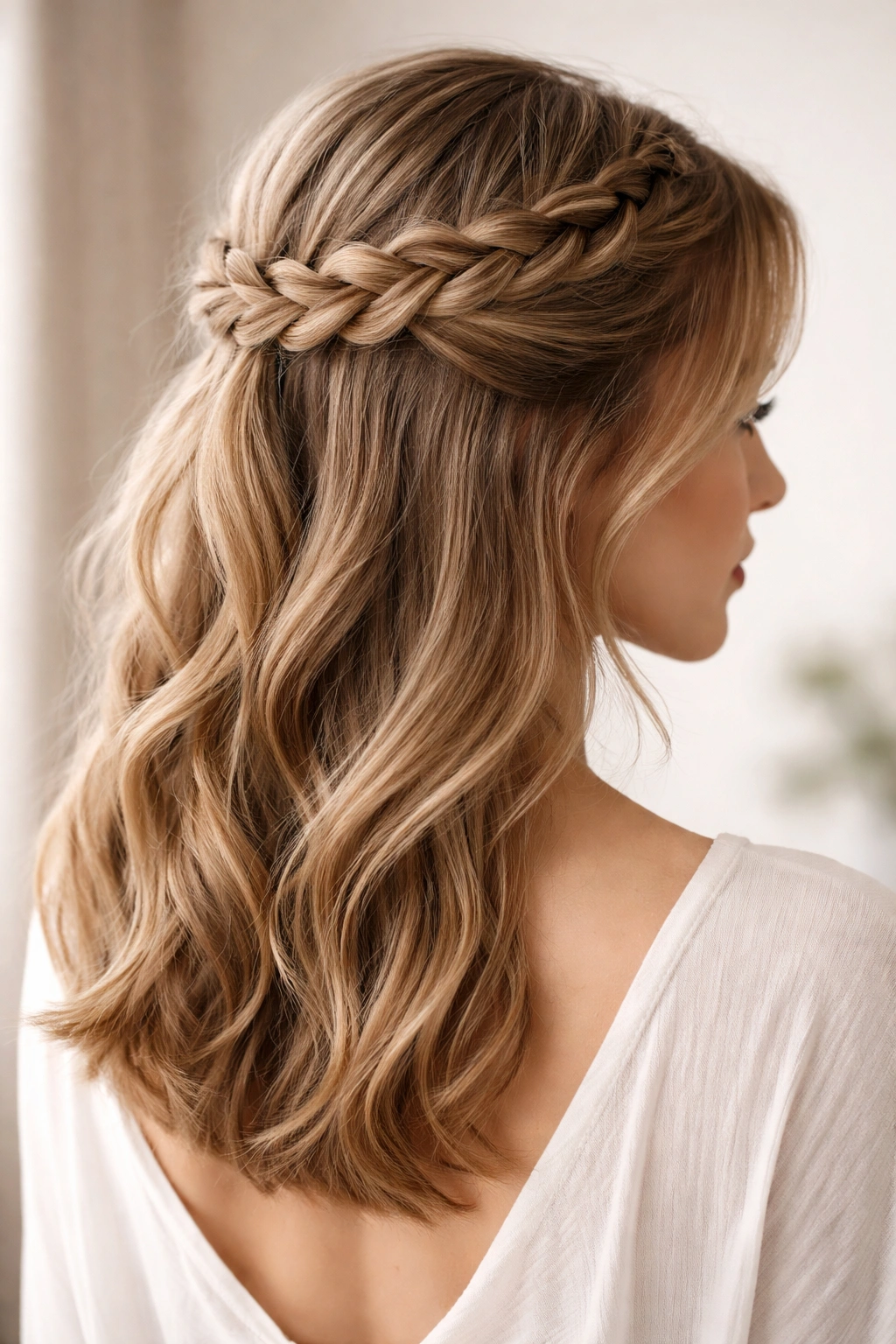 Braided crown half up hairstyle with crown braid across the head