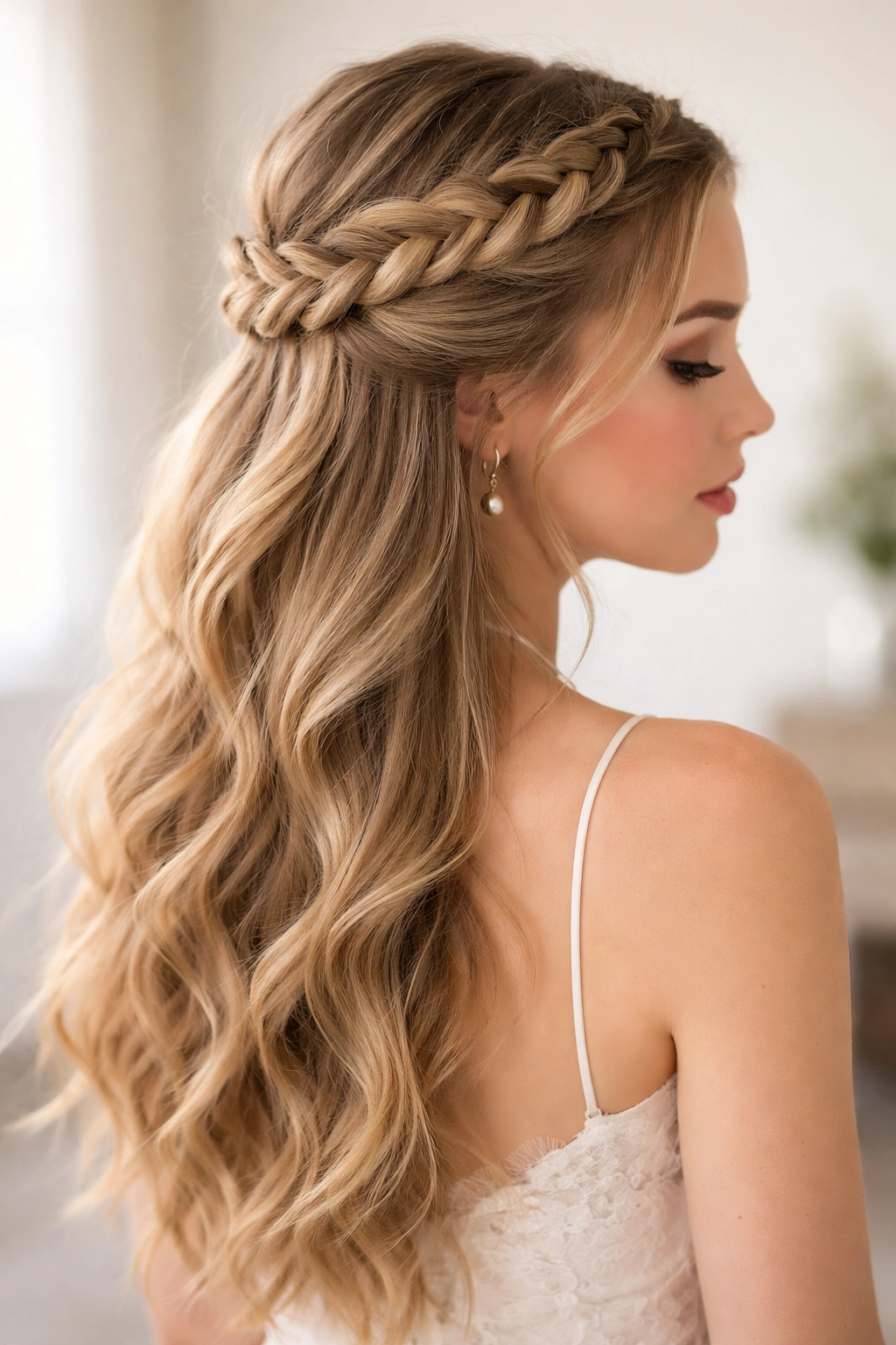 Romantic crown braid encircling the head with half of the hair left down