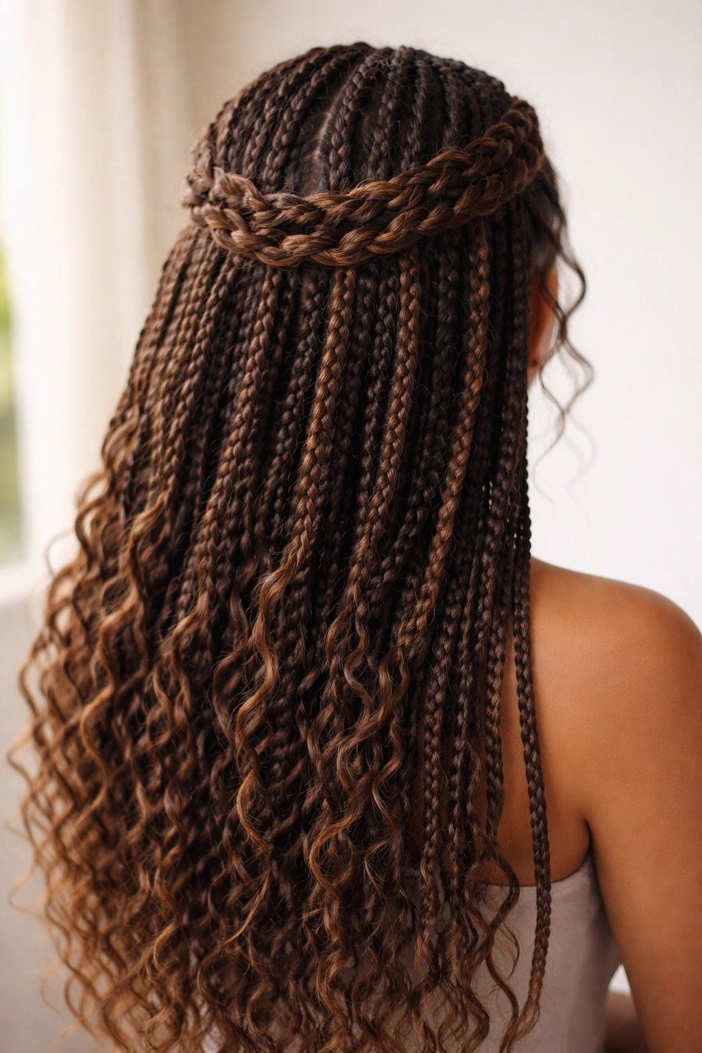 Back view of a crown braid over half up half down hairstyle