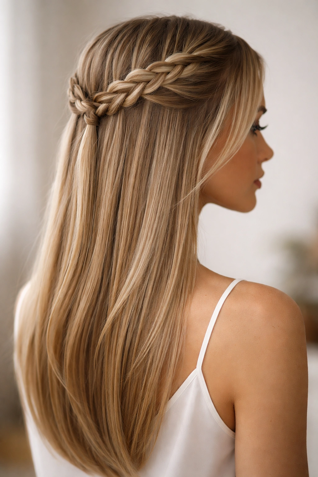 Close-up of two symmetrical braids across the top of the head forming a crown on straight hair.