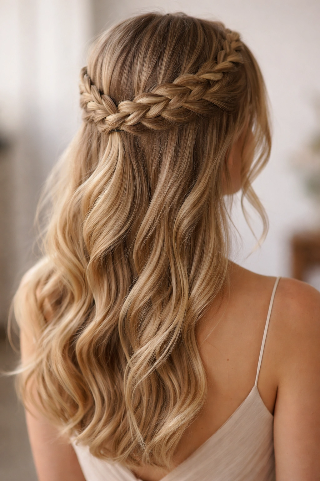 Braided crown half-up hairstyle with crown braid around the head.