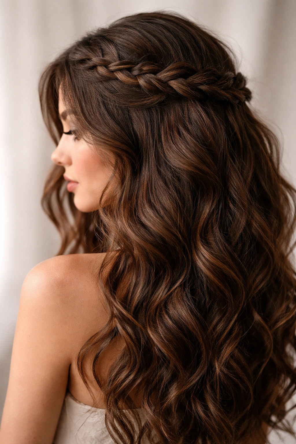 Brown wavy hair with a loose crown braid and face-framing waves